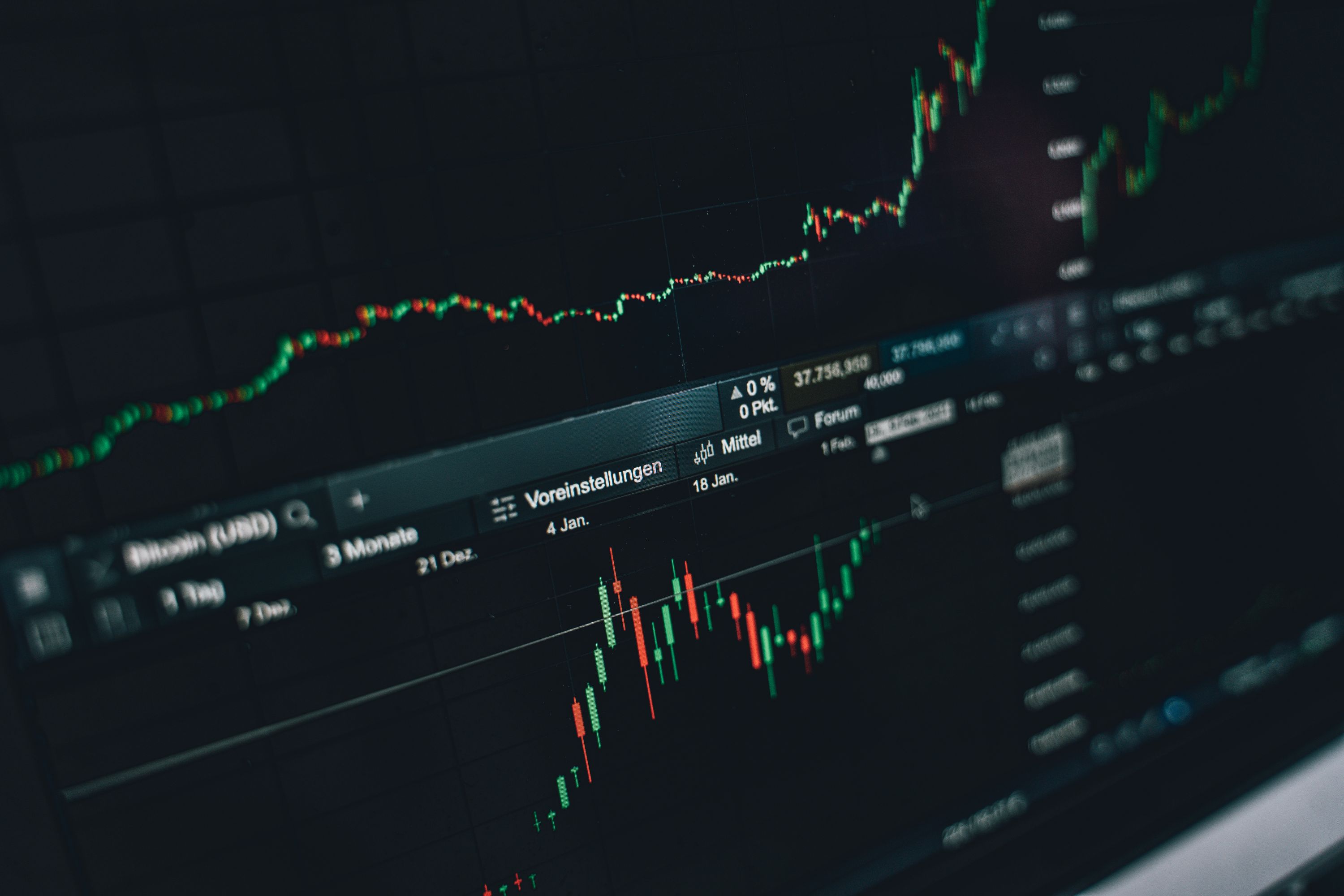 A trading screen showing candlestick price charts and a rising line graph on a dark background.