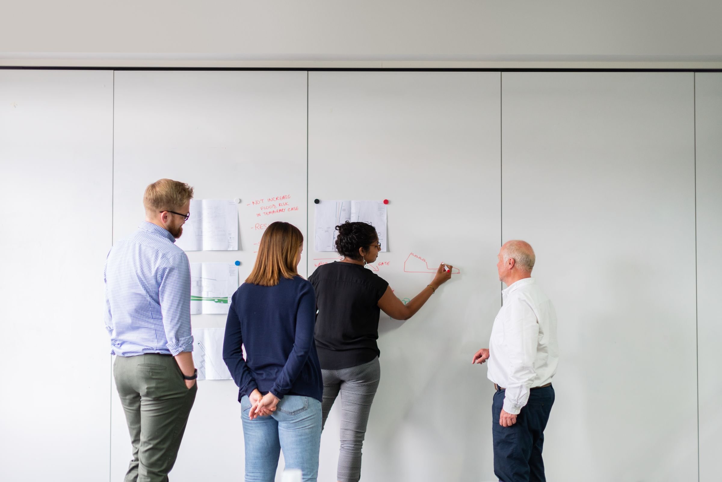 A team working through a plan together at a whiteboard