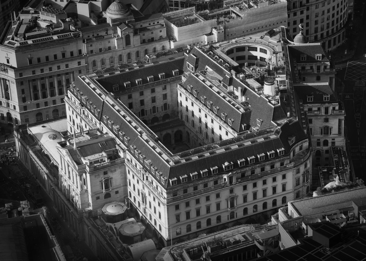 Aerial view of the Bank of England in the City of London