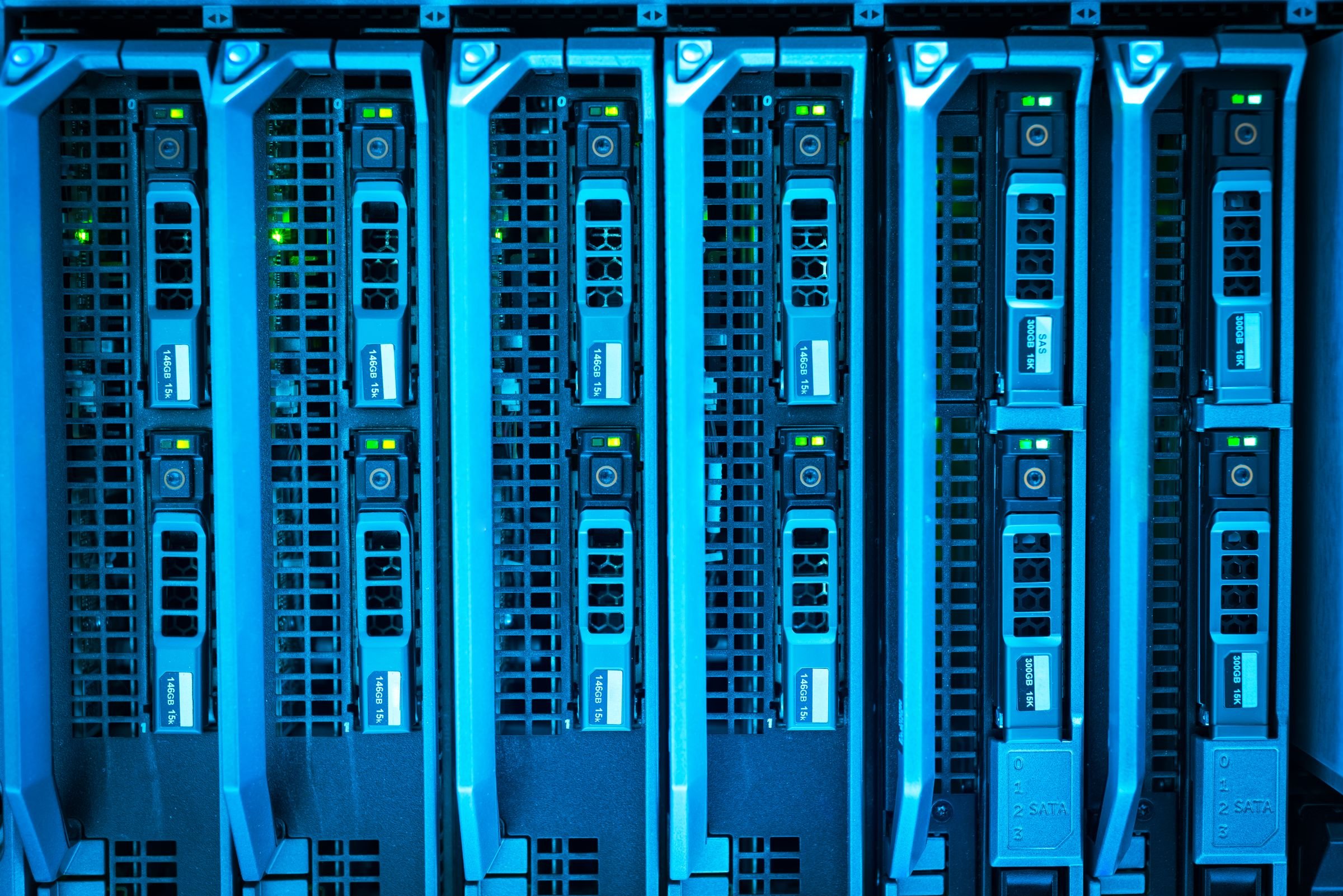 Illuminated server racks in a government data centre.
