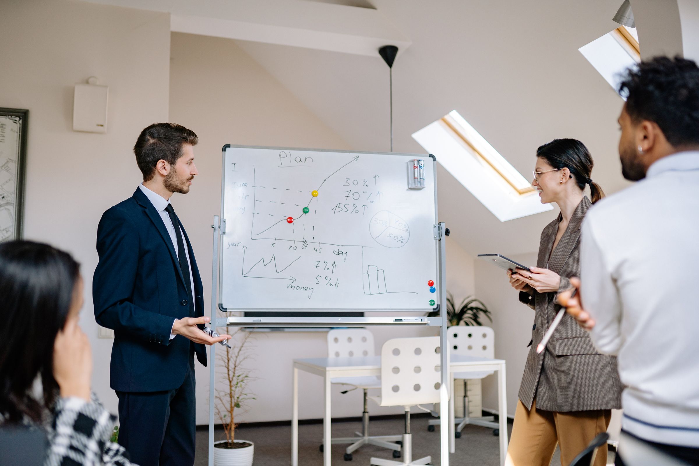 Four colleagues gathered at a whiteboard covered in a plan and graph, in a bright attic office.