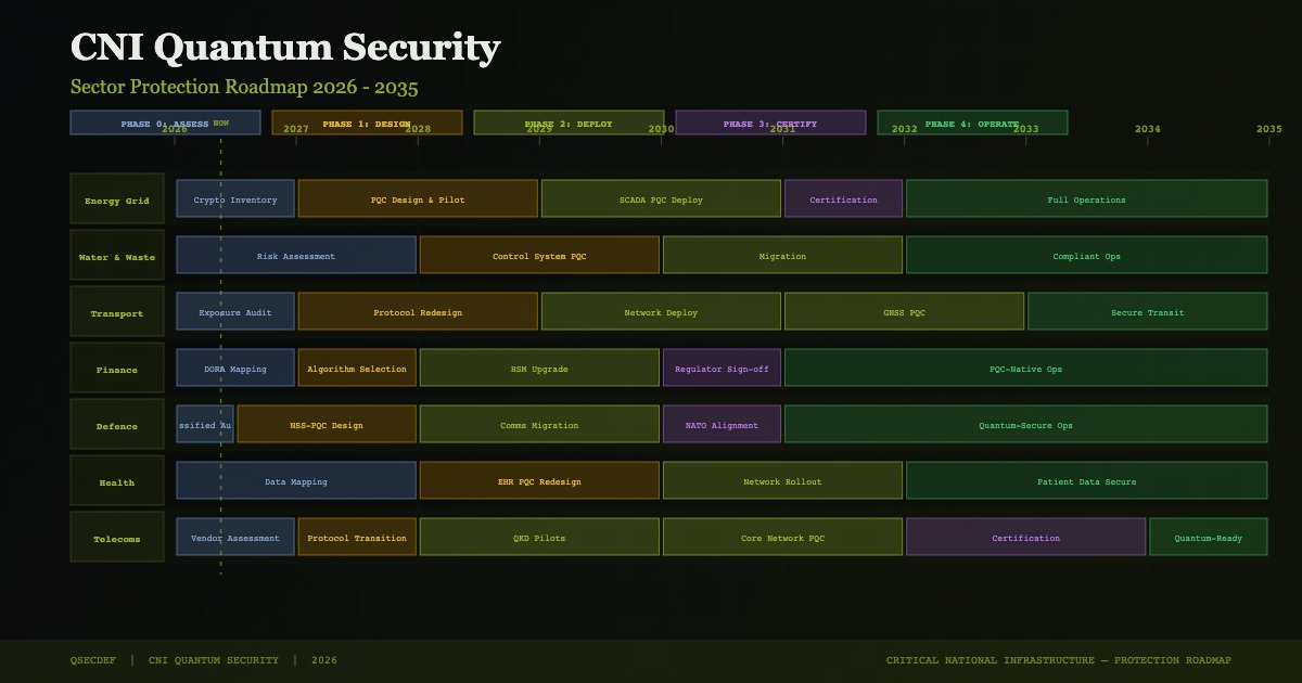 CNI quantum security roadmap diagram showing four-phase migration structure for energy, transport, water, and financial market infrastructure