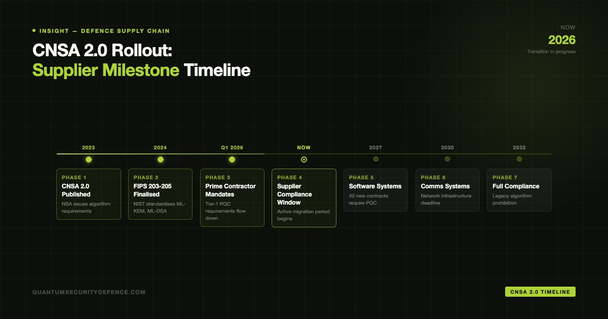 CNSA 2.0 transition timeline diagram for defence suppliers showing product category deadlines from 2025 to 2033