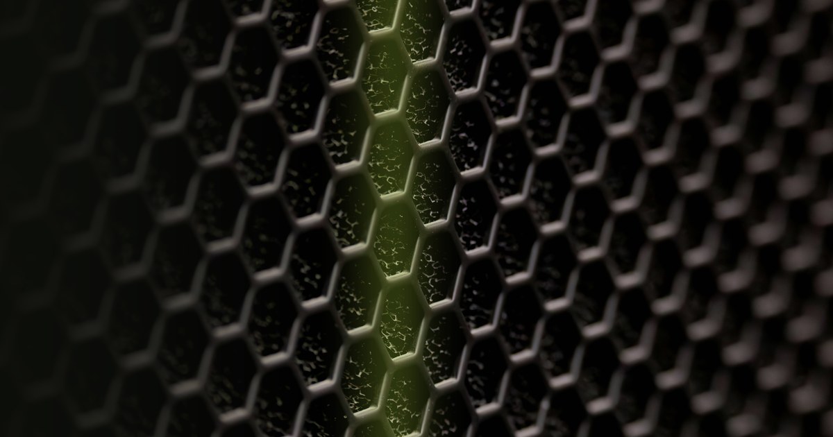 Lime-green light through a hexagonal mesh on a dark background, representing QSECDEF's structured expert vetting process