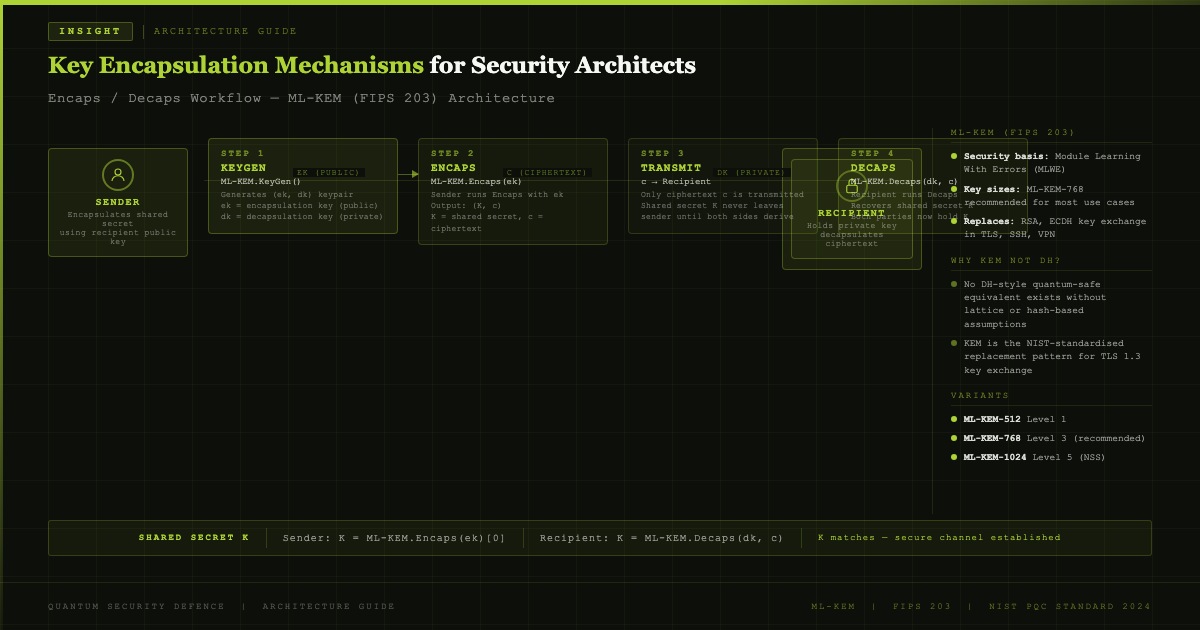 Key encapsulation mechanism diagram showing ML-KEM Encaps and Decaps operations for security architects