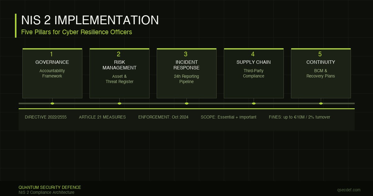 NIS2 implementation pillars framework diagram for cyber resilience officers managing Article 21 compliance