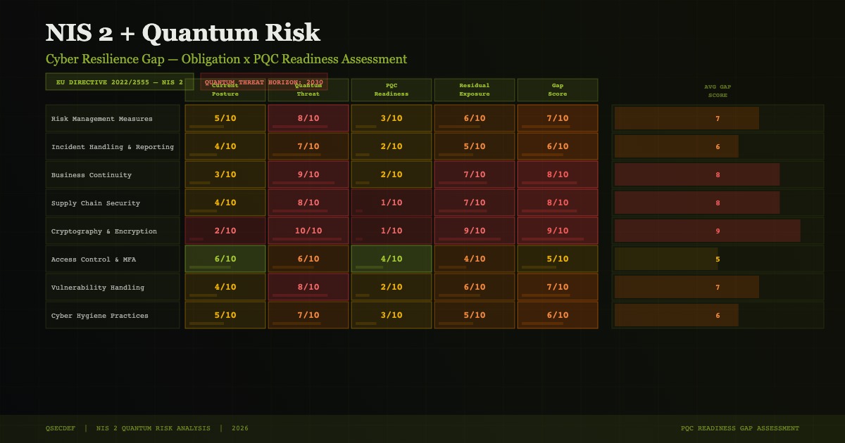 NIS2 quantum risk gap analysis diagram showing four compliance gaps for essential and important entities