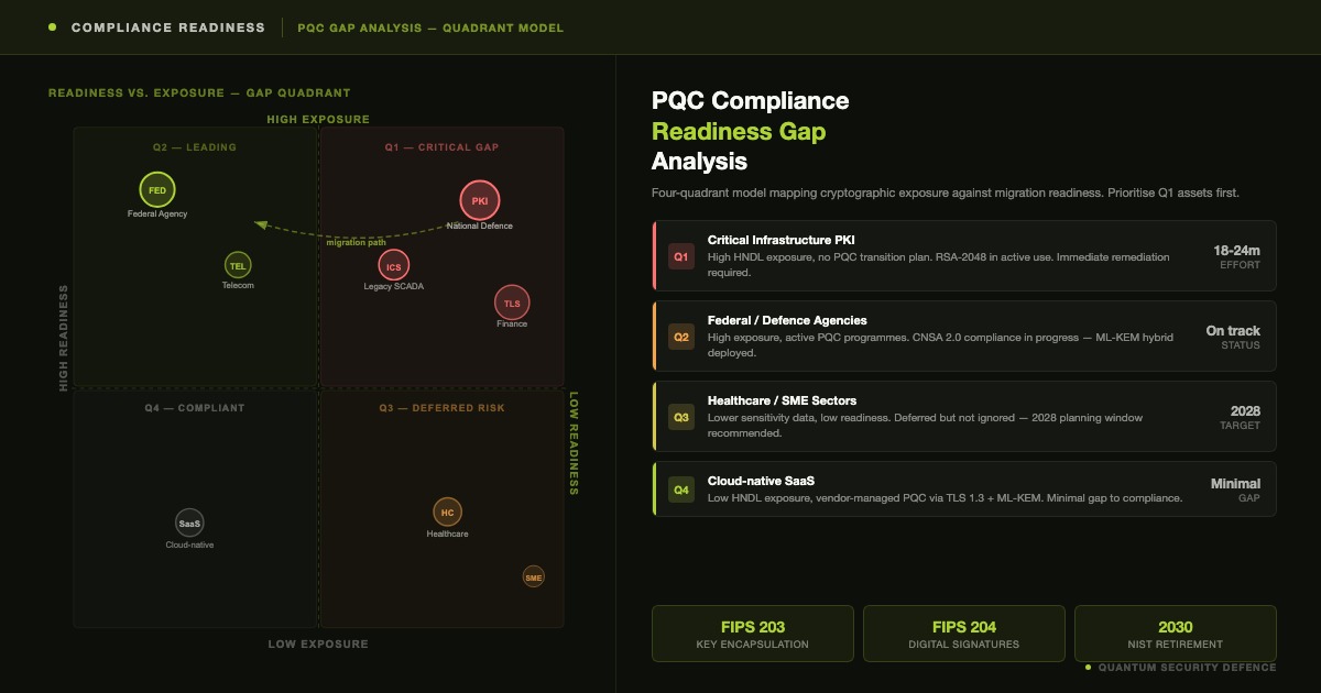 PQC compliance readiness gap analysis: NIST IR 8547, CNSA 2.0, DORA, and NIS2 framework comparison