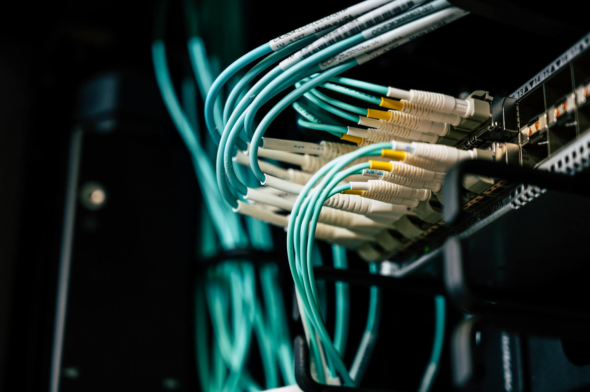 Fibre optic cables connected to a server rack switch panel, representing the physical infrastructure layer on which quantum key distribution networks operate