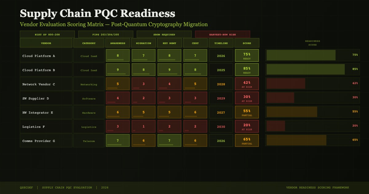 Supply chain PQC risk diagram showing five-question vendor evaluation framework for quantum readiness